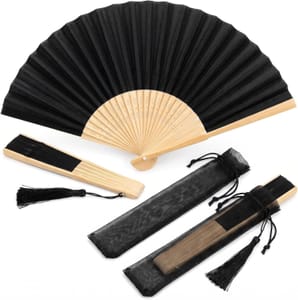 2Pcs Silk Hand Fans 21cm Folding Bamboo with Tassel (Black)