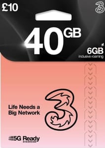 Three PAYG SIM Card - 40GB, Unlimited Minutes & Texts