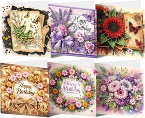 CAYUDEN Diamond Painting Happy Birthday Cards, 6 Pack Flower Design