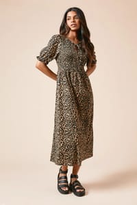 Petite Leopard Puff Sleeve Shirred Bodice Jersey Midi Dress