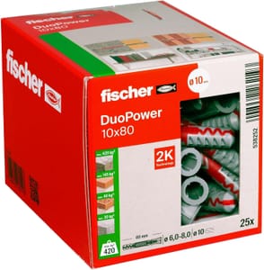 Fischer DuoPower 10x80 Universal Wall Plugs, 25 Pack, 2-Component Nylon