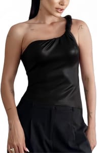 Women's PU Off-Shoulder Tank Top, Ruched One-Shoulder Pleated Leather