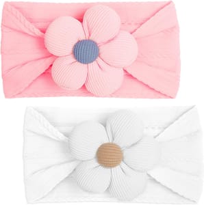 2 Pcs Pink-White Baby Headbands with Flowers