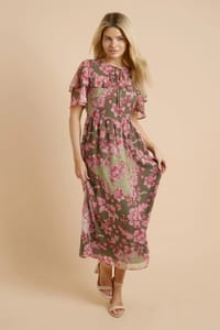 Dorothy Perkins Green Patchwork Flutter Sleeve Frill Yoke Printed Chiffon Dress