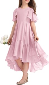Haloumoning Girls' V-Neck Ruffle A-Line Dress, Pink, 140 Cm