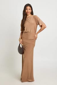 Boohoo Super Soft Ruched Waist Flared Sleeve Maxi Dress