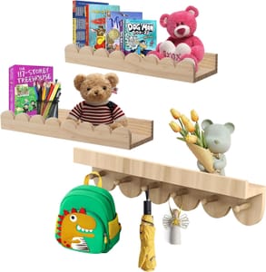 Wooden Nursery Wall Shelves Set of 3 with round Hooks