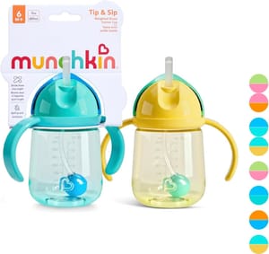 Munchkin Tip and Sip Cup, 2-Pack, 6m+, Weighted Straw, Blue/Yellow
