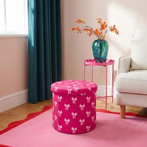 OHS Bow Print Velvet Foldable round Storage Ottoman