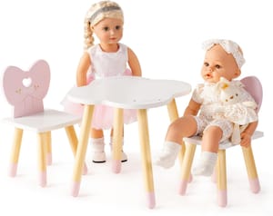 18-Inch Doll Table and Chairs Set, Wooden with Bow-Heart Backrests