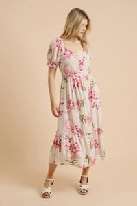 Dorothy Perkins Cream Floral Button Front Frill Puff Sleeve Midi Dress