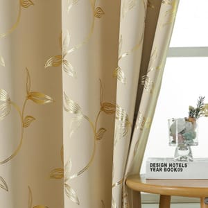 Cream Curtains, Metallic Gold Leaves, 70-80% Light Blocking, 2-Panels