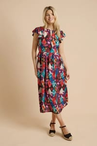 Patchwork Floral Keyhole Flutter Sleeve Midi Dress
