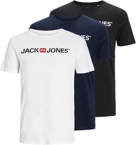 Men's Jjecorp Logo Tee, Short Sleeve, 3-Pack, White/Black/Navy, Size S