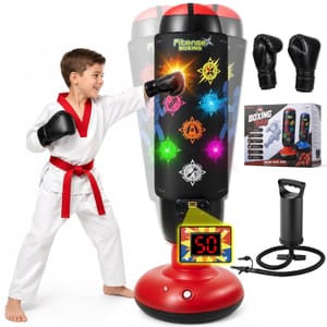 Kids Punching Bag with Mat, Gloves, LED Lights, 5 Modes