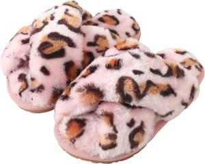 Women's Fluffy Plush Slippers Open-Toe Faux Fur Sliders Pink Leopard