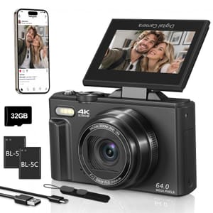 4K Digital Camera with 180 Flip Screen, 64MP Compact Vlogging