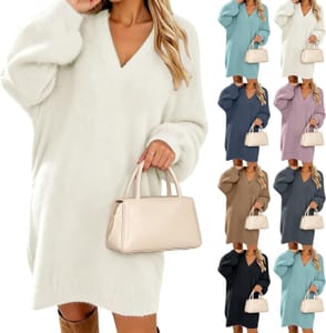 Womens Knitted V-Neck Jumper Dress - White