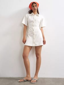 Topshop Tie Detail Short Sleeve Denim Mini Shirt Dress - White