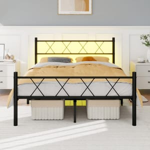 HOJINLINERO Double Bed Frame with Headboard and Charging Station Black
