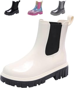 DRECAGE Women Ankle Wellies Waterproof Chelsea Rain Boots White 5.5UK