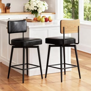 BonVache Swivel Counter Stools, 2-Pack, Black Leather with Back