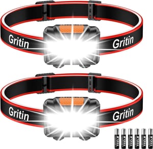 Gritin LED Head Torch 2-Pack, Super Bright Headlamp, 3 Modes
