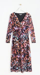 Abstract Print Ruched Long Sleeve Midi Dress