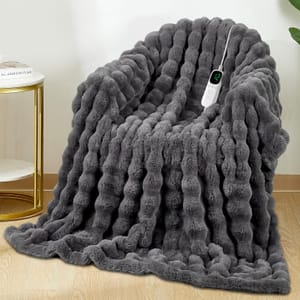 Uplayteck Electric Heated Faux Rabbit Fur Blanket, Grey, 150x200cm