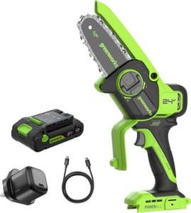 Greenworks 24V Mini Brushless Cordless Chainsaw, 4in, Auto-Oil, 2Ah Battery