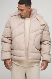 boohooMAN Oversized Textured Hooded Puffer Jacket - Stone