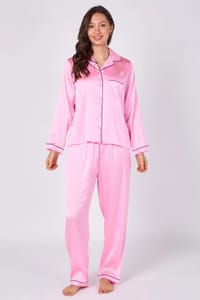 Elaina Fashion Pink Satin Pyjama Set with Pockets