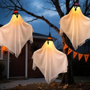 3 Pack 80cm Hanging Light-up Ghosts with Wizard Hats (Indoor/Outdoor)