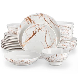 LOVECASA 24-Piece Dinner Set for 6, White/Gold, Microwave Safe