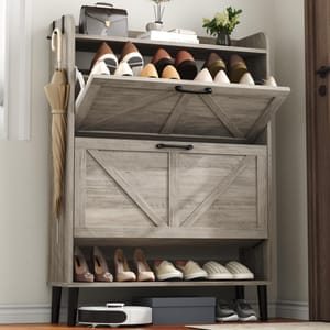 Farmhouse Shoe Cabinet with Two Flip Drawers, Washed Gray