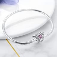 Pink Heart Design 925 Sterling Silver Snake Chain Bracelet - Valentine