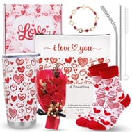 Valentines Day Gift Set: Tumbler, Socks, Rose, Bracelet, Card