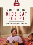 Toby Carvery Kids Eat For £1 With Adult Meal Mon - Fri This Half Term Via App