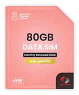 Three 80GB Data SIMs: Uncapped 5G, Preloaded Monthly.