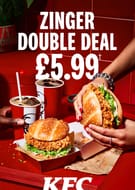 Last Chance! KFC 2 Zinger Burgers + 2 Drinks £5.99 + Add 2 Fries Extra £2.99