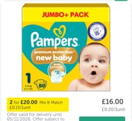 2 Packs Pampers Premium Protection New Baby Size 1, 80 Nappies, 2kg-5kg