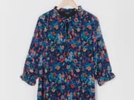 Trapeze Swing Dress with Tie Neck and Shirred Detail