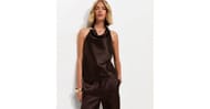 Dark Brown Hardware Detail Satin Cowl Neck Top