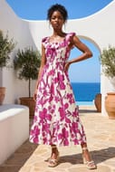 Roman Floral Print Frill Shirred Midi Dress