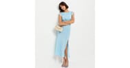 Light Blue Satin Lace Sleeve Split Midi Dress