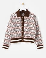 Chocolate Brown House Print Collared Knitted Cardigan