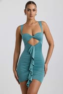 Zivanka Slinky Jersey Cut-out Ruffle-Trim Mini Dress in Sea Green