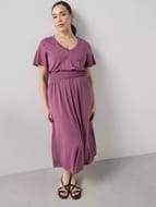 Curve Shirred Waist Stretch Short Sleeve Midi Dress - Pink