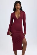 Yael Modal Plunge V-Neck Midaxi Dress in Wine Red