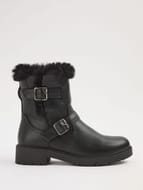 Black Faux Fur Trim Buckle Strap Biker Boots
